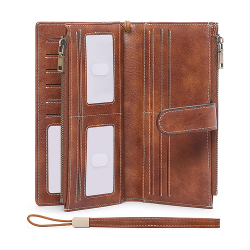 Women’s Large Capacity Leather Wallet with Double Zipper