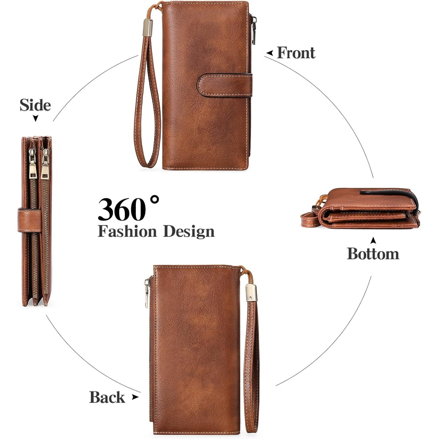 Women’s Large Capacity Leather Wallet with Double Zipper