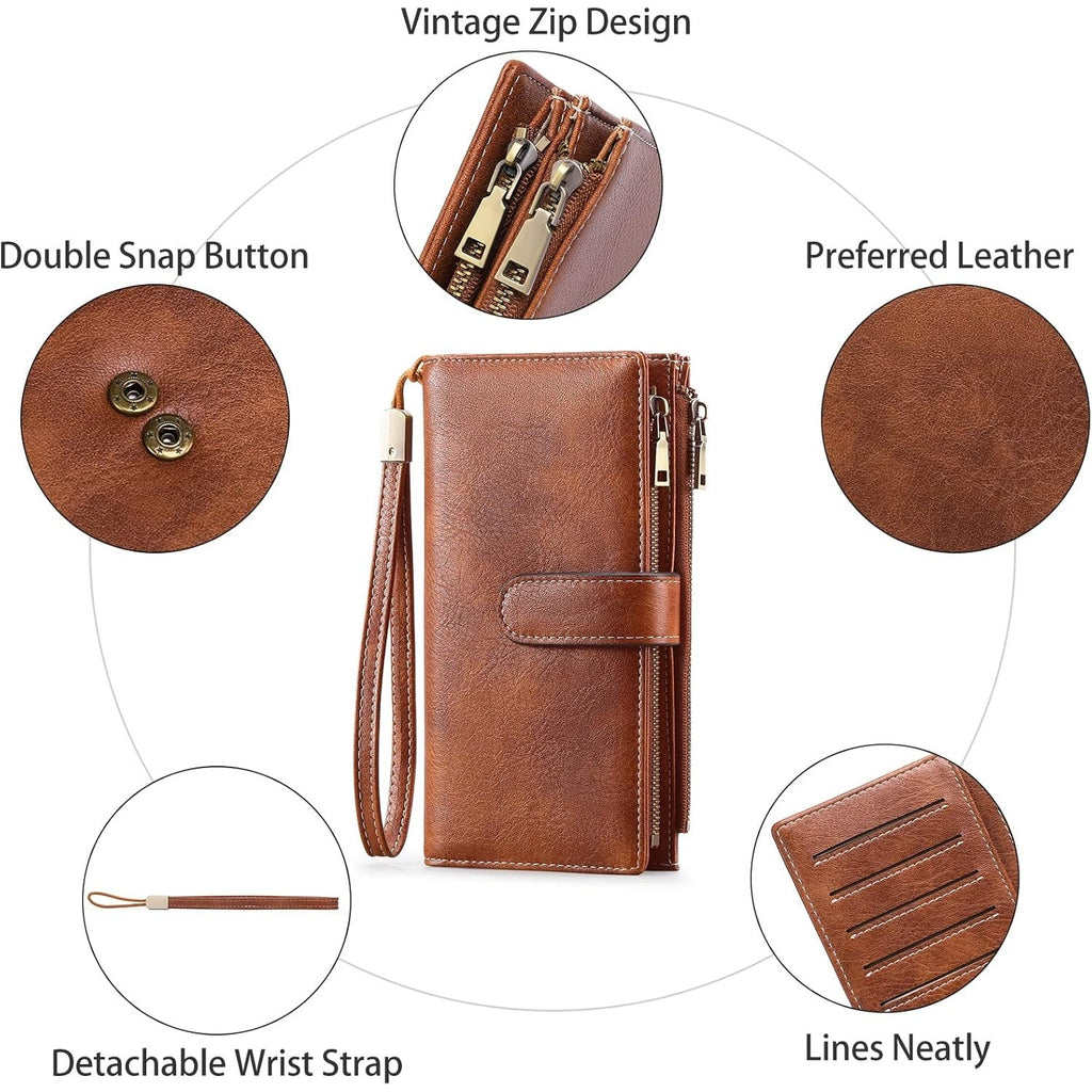 Women’s Large Capacity Leather Wallet with Double Zipper