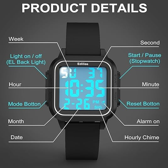 Square Digital Watch – Large Display with 5ATM Water Resistance, Alarm and Stopwatch