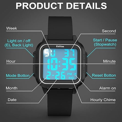 Square Digital Watch – Large Display with 5ATM Water Resistance, Alarm and Stopwatch