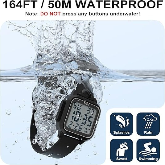 Square Digital Watch – Large Display with 5ATM Water Resistance, Alarm and Stopwatch