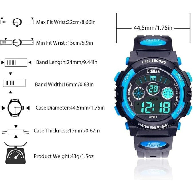 Kids Digital Sports Watch – LED, Waterproof, Stopwatch & Alarm