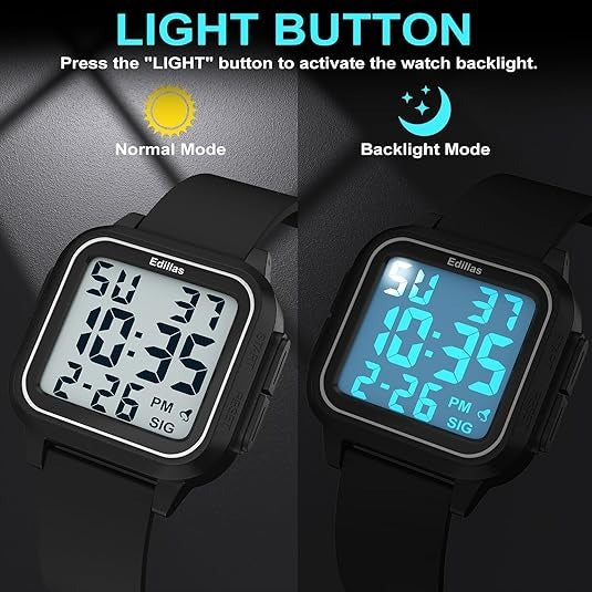 Square Digital Watch – Large Display with 5ATM Water Resistance, Alarm and Stopwatch