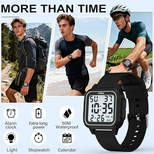 Square Digital Watch – Large Display with 5ATM Water Resistance, Alarm and Stopwatch