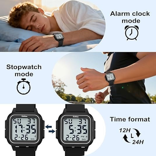 Square Digital Watch – Large Display with 5ATM Water Resistance, Alarm and Stopwatch